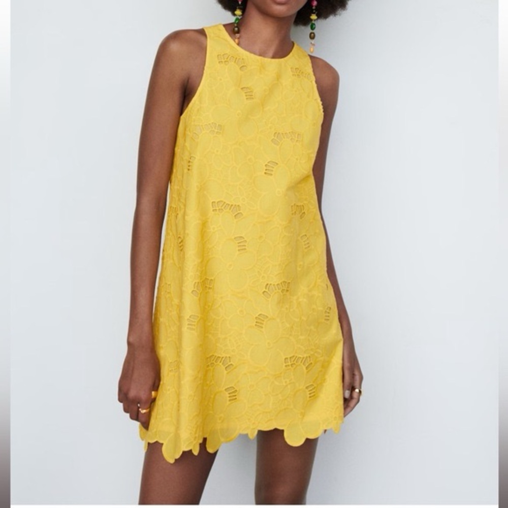 Mango Bright Yellow Embroidered Dress